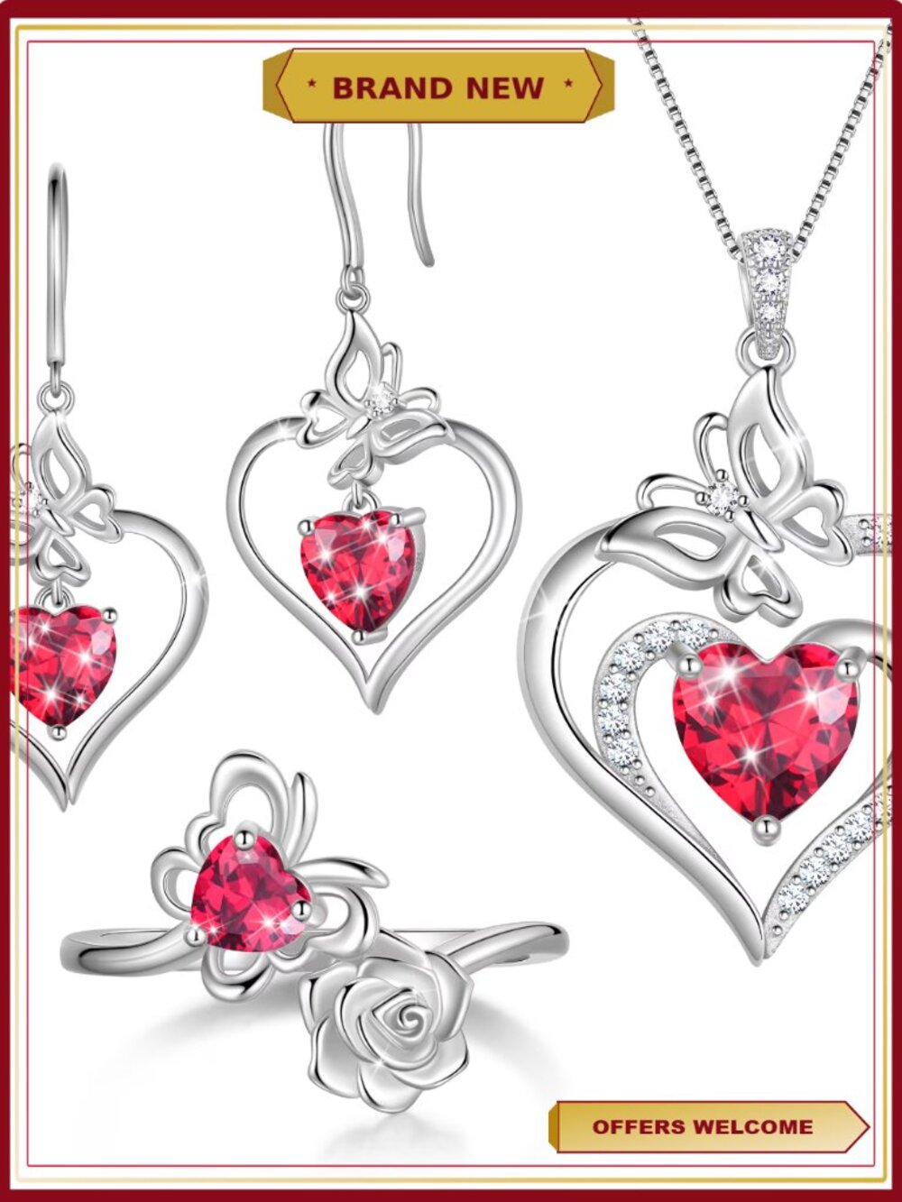18K White Gold Plated Birthstone Jewelry Set Heart Necklace Earrings Ring for